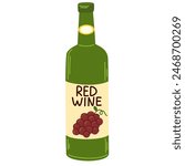 Red wine in bottle. Alcohol drink. Grape Drink. Alcoholic beverage, transparent glassware. Flat vector illustration isolated on white background