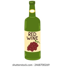 Vino tinto en botella. Bebida alcohólica. Bebida de uva. Bebida alcohólica, cristalería transparente. Ilustración vectorial plana aislada sobre fondo blanco