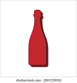 Red wine bottle. Alcoholic drink for parties and celebrations. Simple shape isolated with contour and shadow. Colored illustration on white background. Flat design style for any purposes. Vector.