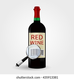 Red wine bottle with bar code under magnifying glass 