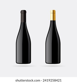 Red wine bottle black glass mockup, isolated vector illustration to put label. Dark green vineyard bottle for brand presentation. Unlabeled elegant vintage drink, luxury unopened alcohol