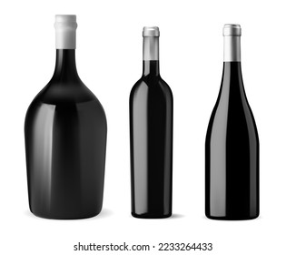 Red wine bottle blank, isolated vector mockup. Closeup illustration of different shape cabernet, merlot,rose alcohol beverage bottles. Luxury vintage prodct. Unopened, dark glass elegant design