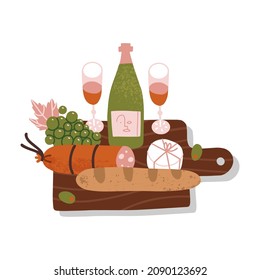 Red wine bottle with brie cheese, baguette bread, salami, olives, grapes on the wood cutting boatd. Vector flat side view vector illustration.