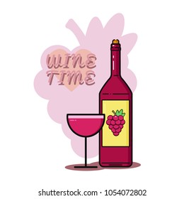 
Red wine bottle with bunch of grapes on yellow label and glass poster. 
Modern cartoon flat-line style vector illustration icons. 
Isolated on white background. Wine-time bottle with full wineglass. 