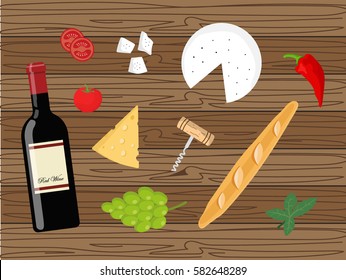 Red wine bottle with cheese, wine opener, baguette bread, red pepper, tomatoes, grapes on the wood background flat top view vector illustration. 