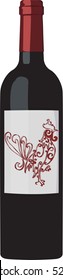 Red wine bottle with red cock on a label isolate on white background. New year design.