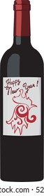 Red wine bottle with red cock on a label isolate on white background. New year design.