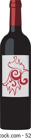 Red wine bottle with red cock on a label isolate on white background. New year design. Vector illustration.