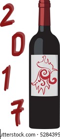 Red wine bottle with red cock on white background. Vector illustration.