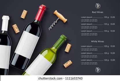 Red Wine bottle, cork and corkscrew concept design for wines list in dark background. Drink menu. Bottled alcohol beverage. EPS10 vector illustration.