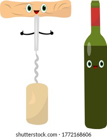 red wine bottle and corkscrew sticking out of a cork cute cartoon characters concept of a popular alcoholic drink made from grapes object on a white background