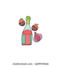 Red wine bottle. Figs. Chocolate covered strawberries. Isolated vector object on white background. Cartoon food.