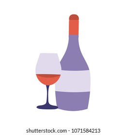 Red wine bottle and full glass icon in flat style. Alcohol drink bottle and cup. Celebration toast vector illustration.