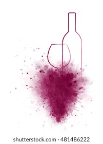 red wine bottle and glass with abstract grape bunch