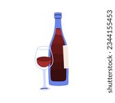 Red wine in bottle and glass. Alcohol drink in wineglass, goblet. Alcoholic beverage in bocal, transparent glassware. Flat vector illustration isolated on white background