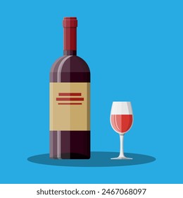 Botella de vino tinto y vaso. Bebida alcohólica de vino. Ilustración vectorial en estilo plano