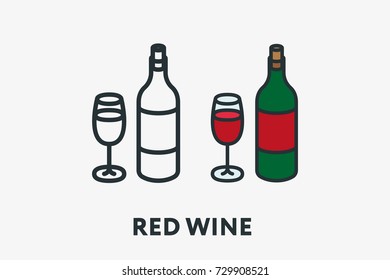 Red Wine Bottle and Glass Alcohol Concept Minimal Flat Line Outline Colorful and Stroke Icon Pictogram