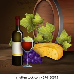 Red wine bottle glass with cheese and grapevine element on dark background decorative poster abstract vector illustration