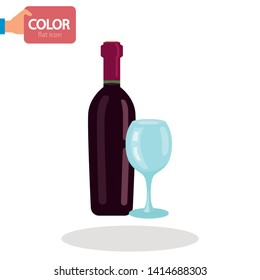 Red wine bottle and glass color vector icon. Flat design