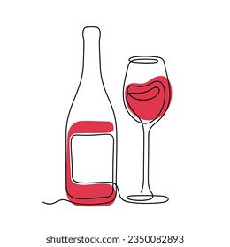 Red wine bottle and glass continuous line colourful vector illustration