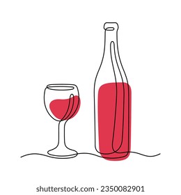 Botella de vino rojo y vidrio de línea continua ilustración vectorial colorida
