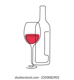 Red wine bottle and glass continuous line colourful vector illustration