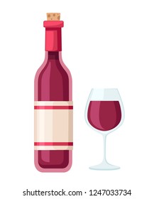 Red wine bottle and glass cup. Bottle with label. Flat vector illustration isolated on white background.