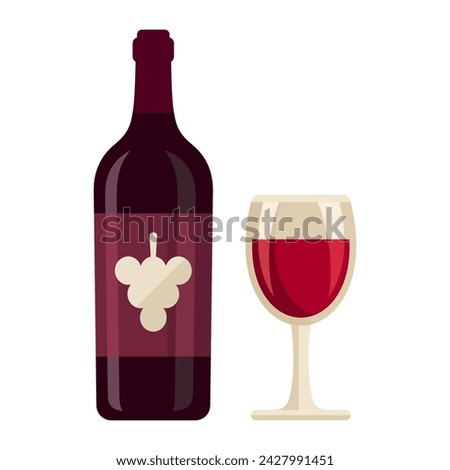 Red wine bottle and glass flat style vector illustration 