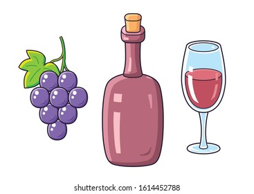 Red wine bottle, glass and grape bunch isolated.