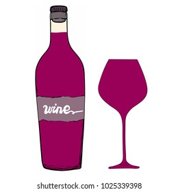 Red wine bottle with wine glass. Hand drawn vector sketch.
