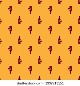 Red Wine bottle with wine glass icon isolated seamless pattern on brown background. Flat design. Vector Illustration