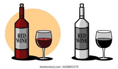 Red Wine Bottle and Glass Illustration, vector icon in color and monochrome
