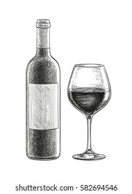 Red wine. bottle and glass Isolated on white background. Hand drawn vector illustration. Retro style.