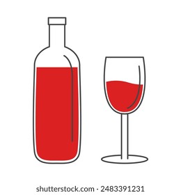 Red wine bottle and wine glass set. Black contour outline icon. Food and drink concept. Minimal line flat design. Shining glossy utensils. Menu template. White background Isolated. Vector illustration