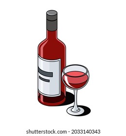 Red Wine Bottle Glass. Vector 3d sketch line isometric, color icon illustration, flat style. Creative design idea and elements for infographics and website.
