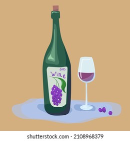Red wine bottle and glass. vector illustration. for any holiday, thday, party, International Bartender Day