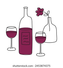 Vino tinto, botella y vasos en estilo doodle. Flor en un jarrón. Ilustración vectorial lineal dibujada a mano con vino aislado sobre fondo blanco.