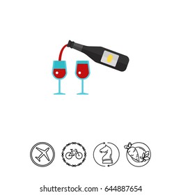 Red wine bottle and glasses flat icon