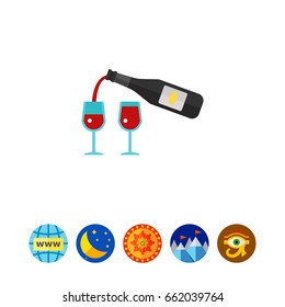 Red wine bottle and glasses flat icon