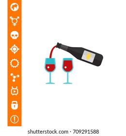 Red wine bottle and glasses flat icon