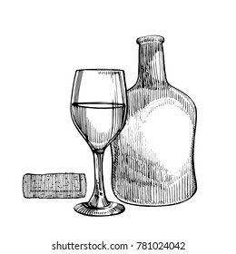 Red wine bottle and glasses, sketch style vector illustration isolated on white background. Realistic hand drawing. Engraving style illustrations.
