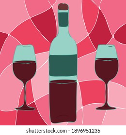 Red wine bottle and glasses in stained glass style - hand drawn vector illustration