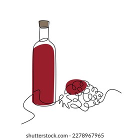 Botella de vino rojo y racimo de uva vector de una línea de dibujo continuo. Icono de silueta lineal dibujado a mano. Elemento de diseño mínimo para impresión, pancarta, tarjeta, cartel de arte de pared, folleto.