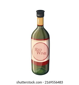Red wine in bottle, grape juice alcohol drink vector illustration. Cartoon vine beverage from winery, isolated bottle with brand label and bright liquid