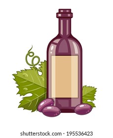 Red wine bottle with grapes and green leaves. Eps10 vector illustration. 