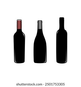 Red wine bottle isolated with white color. Vector alcoholic beverages in glass bottles without labels, wine cards. Burgundy or ruge drink, chardonnay merlot semi sweet semi sweet, wine products