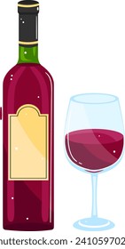 Red wine bottle next to glass half filled. Cartoon style red wine with blank label on bottle vector illustration.