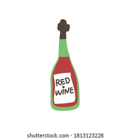 Red wine bottle on white background. Cartoon sketch graphic design. Doodle style. Hand drawn image. Party drinks concept. Freehand drawing style. Vector.
