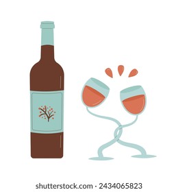 Botella de vino tinto y par de vasos aislados sobre fondo blanco. Bebidas alcohólicas para la fecha de celebración. Ilustración plana vectorial.