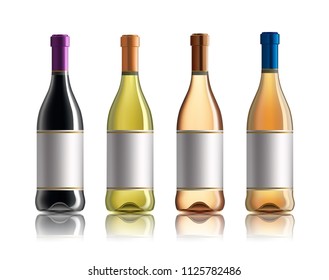 Red wine bottle. Set of white, rose, and red wine bottles. isolated on white background.